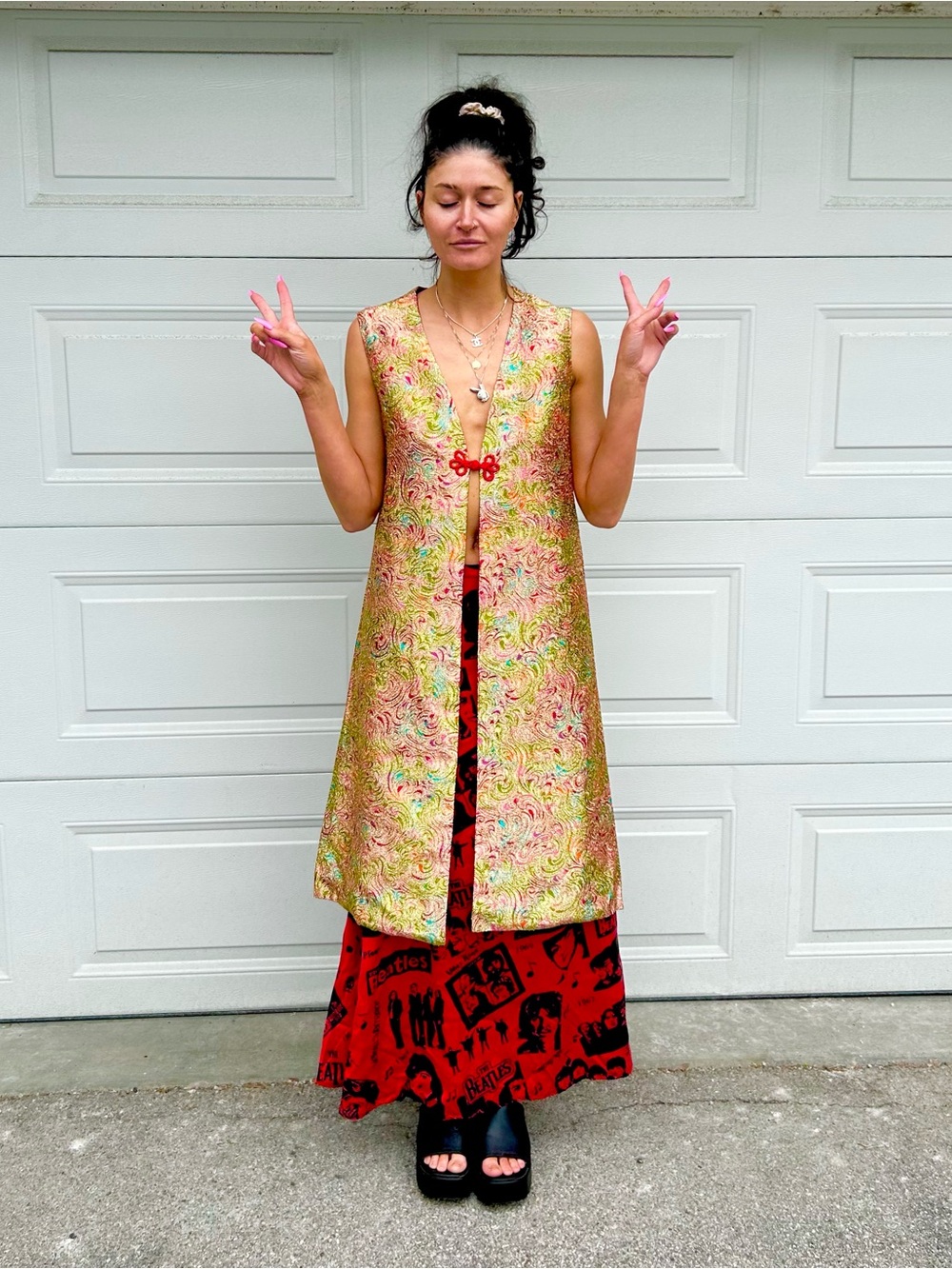 Vintage Gold Brocade sleeveless Long Vest waistcoat Festival Hippy Boho